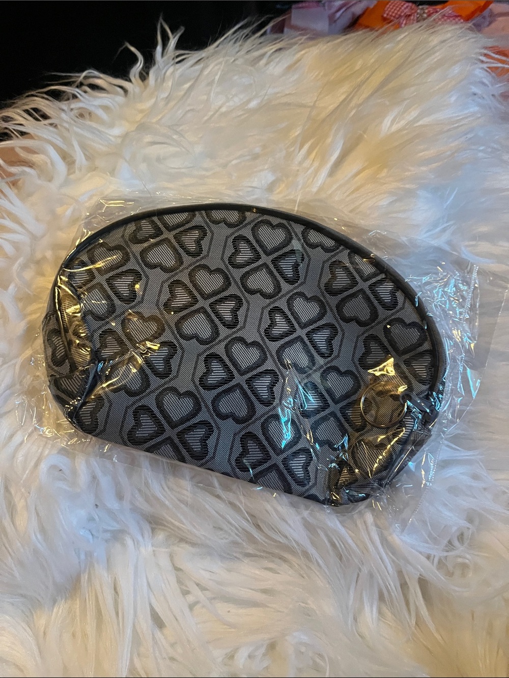 Gray Heart-Pattern Cosmetic Pouch with Zip